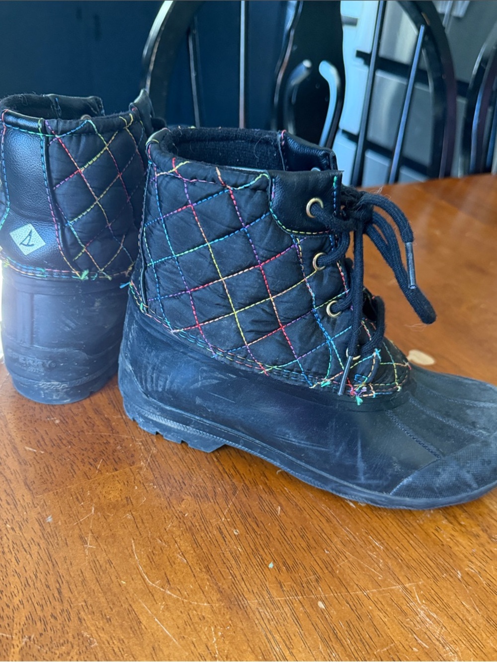 Sperry Black Quilted Lace-Up Kids Rain Boots with Rainbow Stitching
